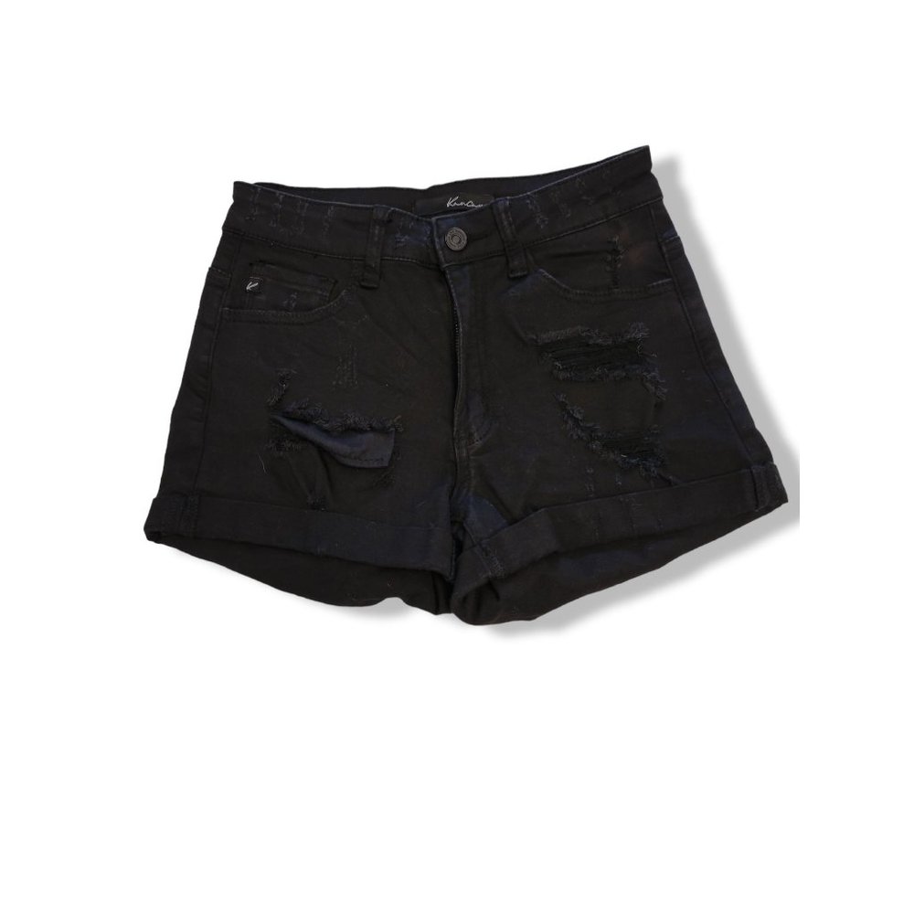 KanCan High Rise Distressed Denim Rolled Hem Black Jean Shorts - 3/25